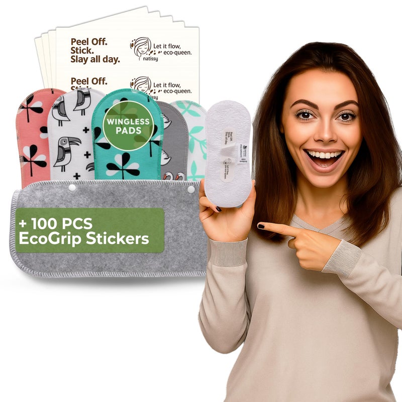 Wingless Reusable Sanitary Pads with Adhesive Sticker for Light Flow (S+M, 6-Pack) â€“ High-Temp Washable Organic Cotton Cloth Pads for Women â€“ Stay-Put, Comfortable & Reuable Period Care â€“ Made in EU